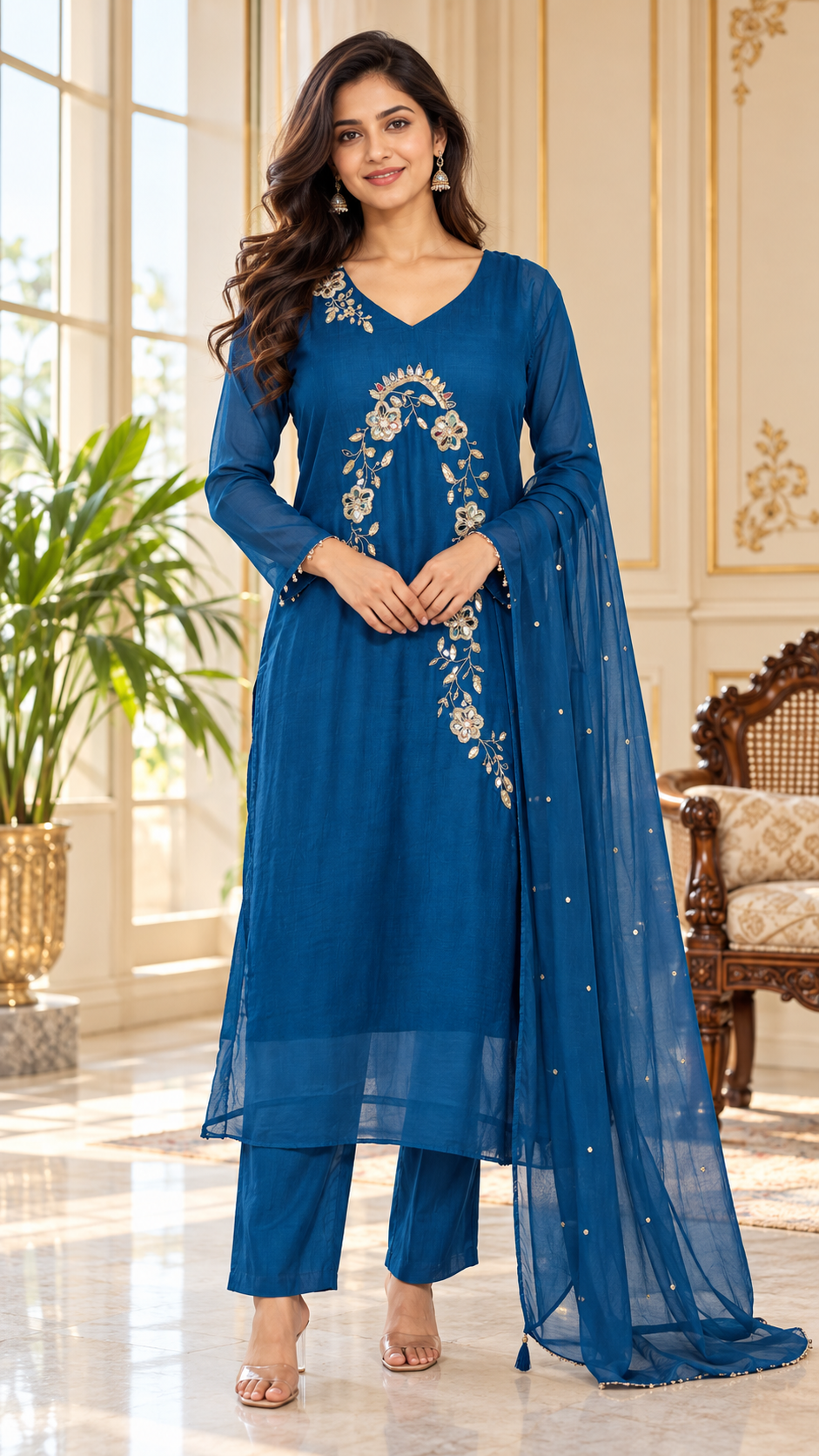 Women Blue Mirror Silk Kurta Pant Dupatta