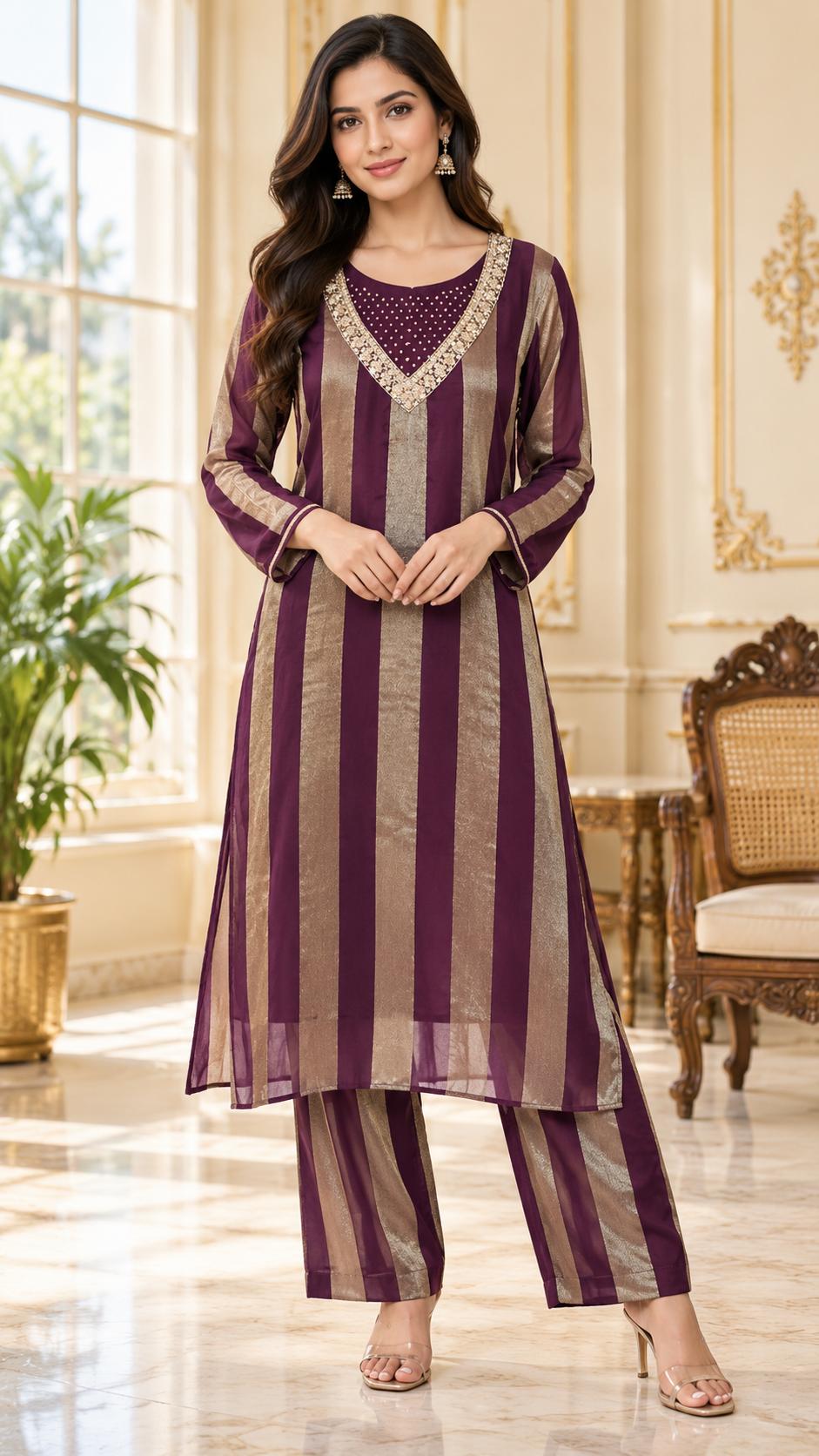Women Purple Embroidered Tissue Kurta Pant
