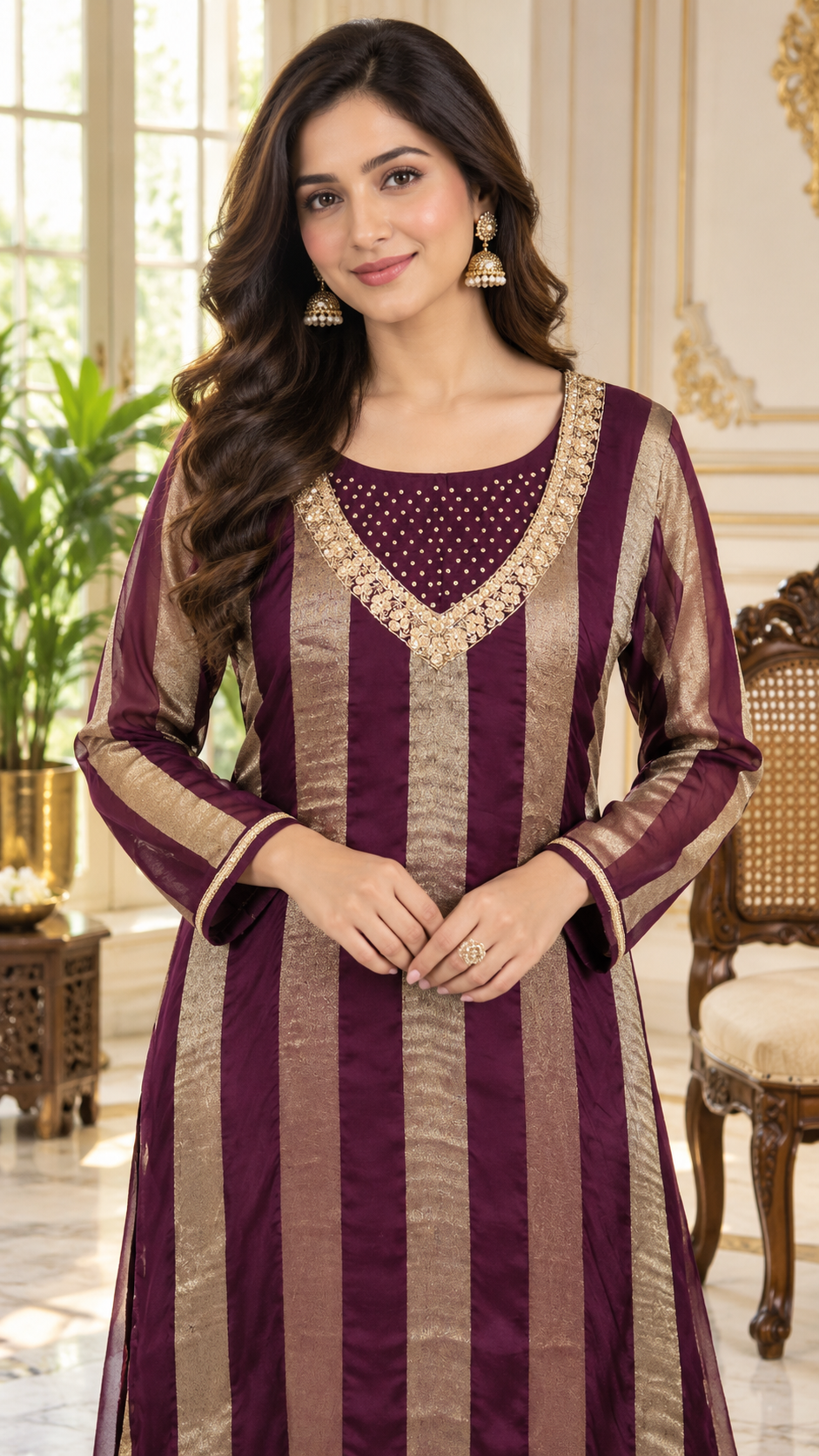 Women Purple Embroidered Tissue Kurta Pant
