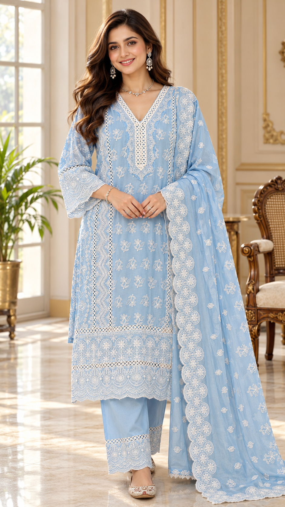 Women Sky Blue Mul Cotton Kurta Pant Dupatta