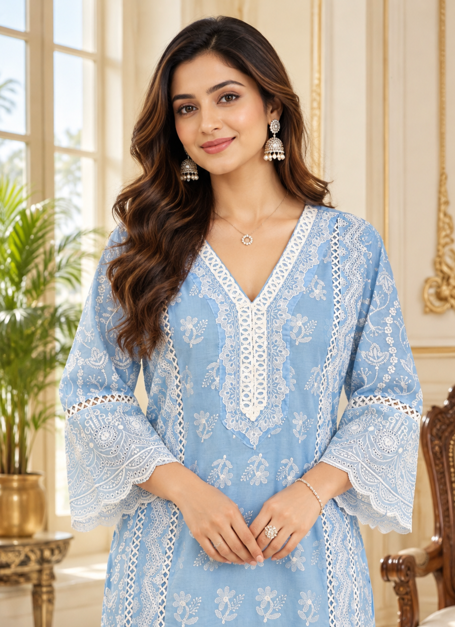 Women Sky Blue Mul Cotton Kurta Pant Dupatta