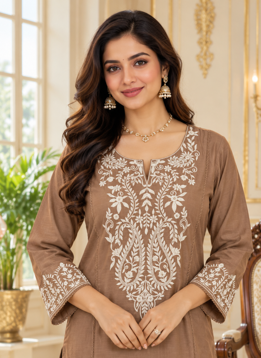 Women Brown Chikankari Cotton Kurta Pant Dupatta