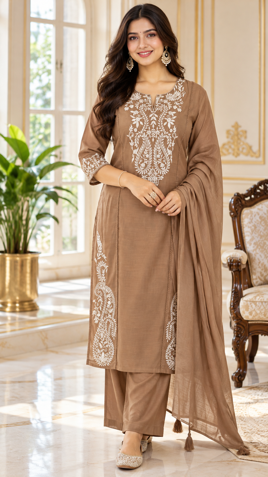 Women Brown Chikankari Cotton Kurta Pant Dupatta