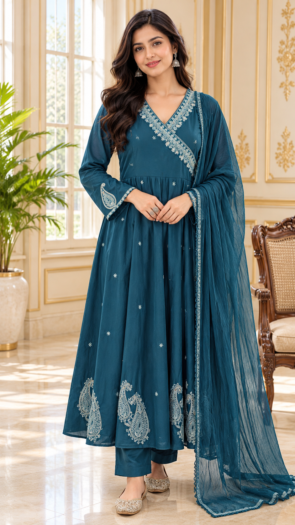 Women Teal Blue Embroidered Cotton Kurta Pant Dupatta
