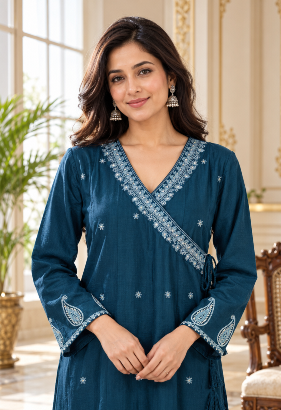 Women Teal Blue Embroidered Cotton Kurta Pant Dupatta