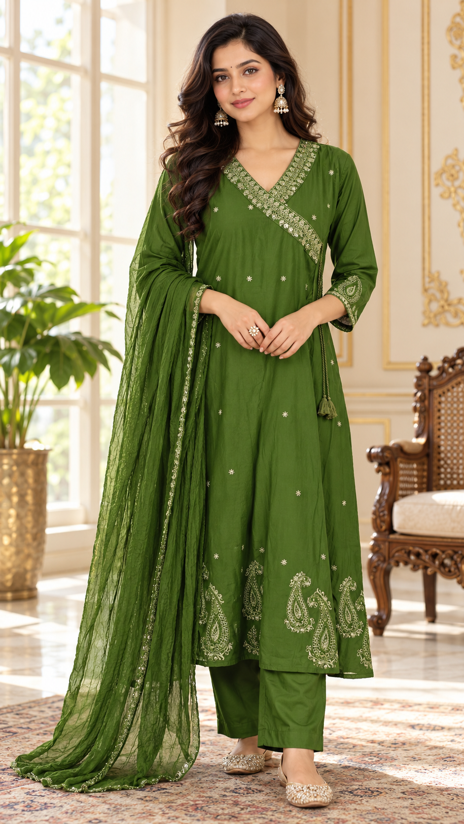 Women Green Embroidered Cotton Kurta Pant Dupatta