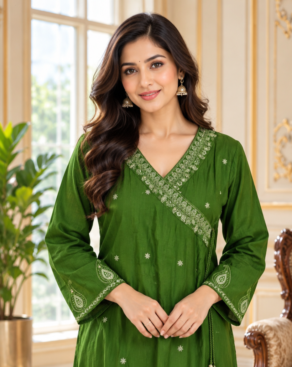 Women Green Embroidered Cotton Kurta Pant Dupatta