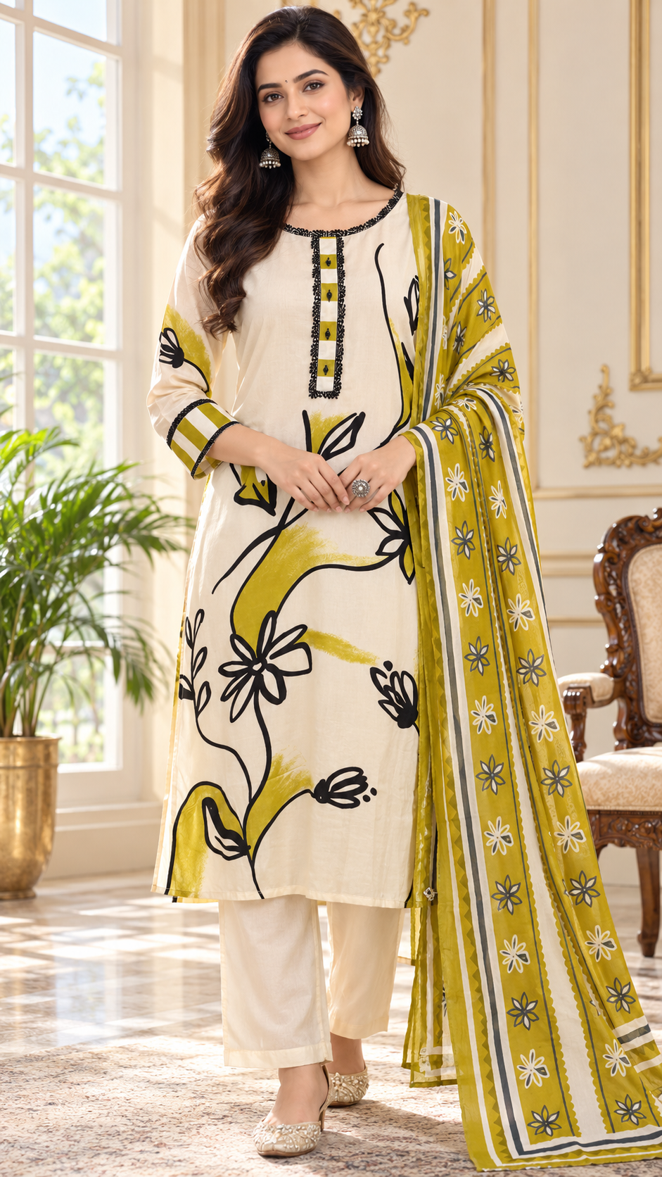 Women Cream Embroidered Silk Kurta Pant Dupatta