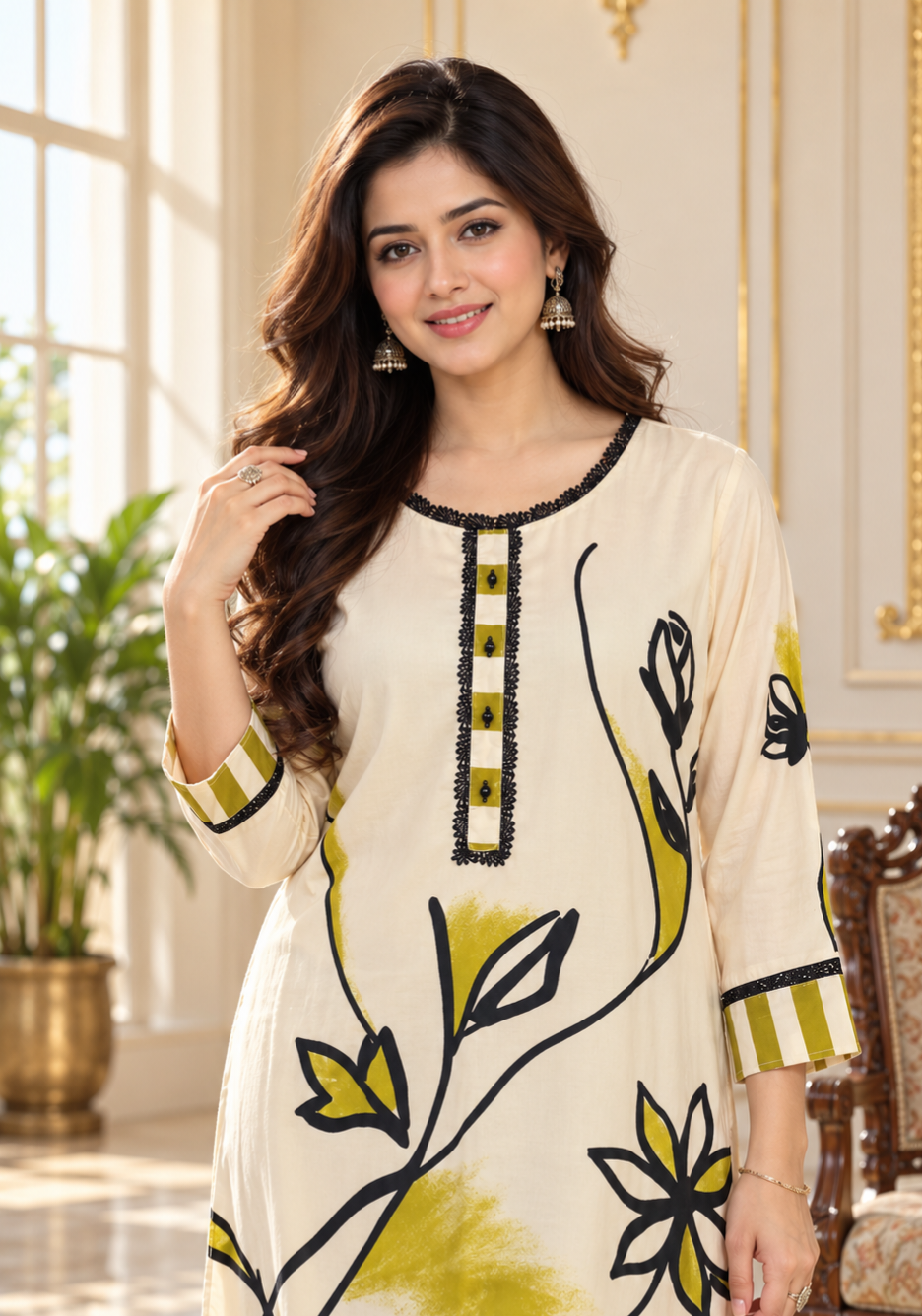 Women Cream Embroidered Silk Kurta Pant Dupatta