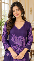 Women Purple Embroidered Cotton Kurta Pant Dupatta