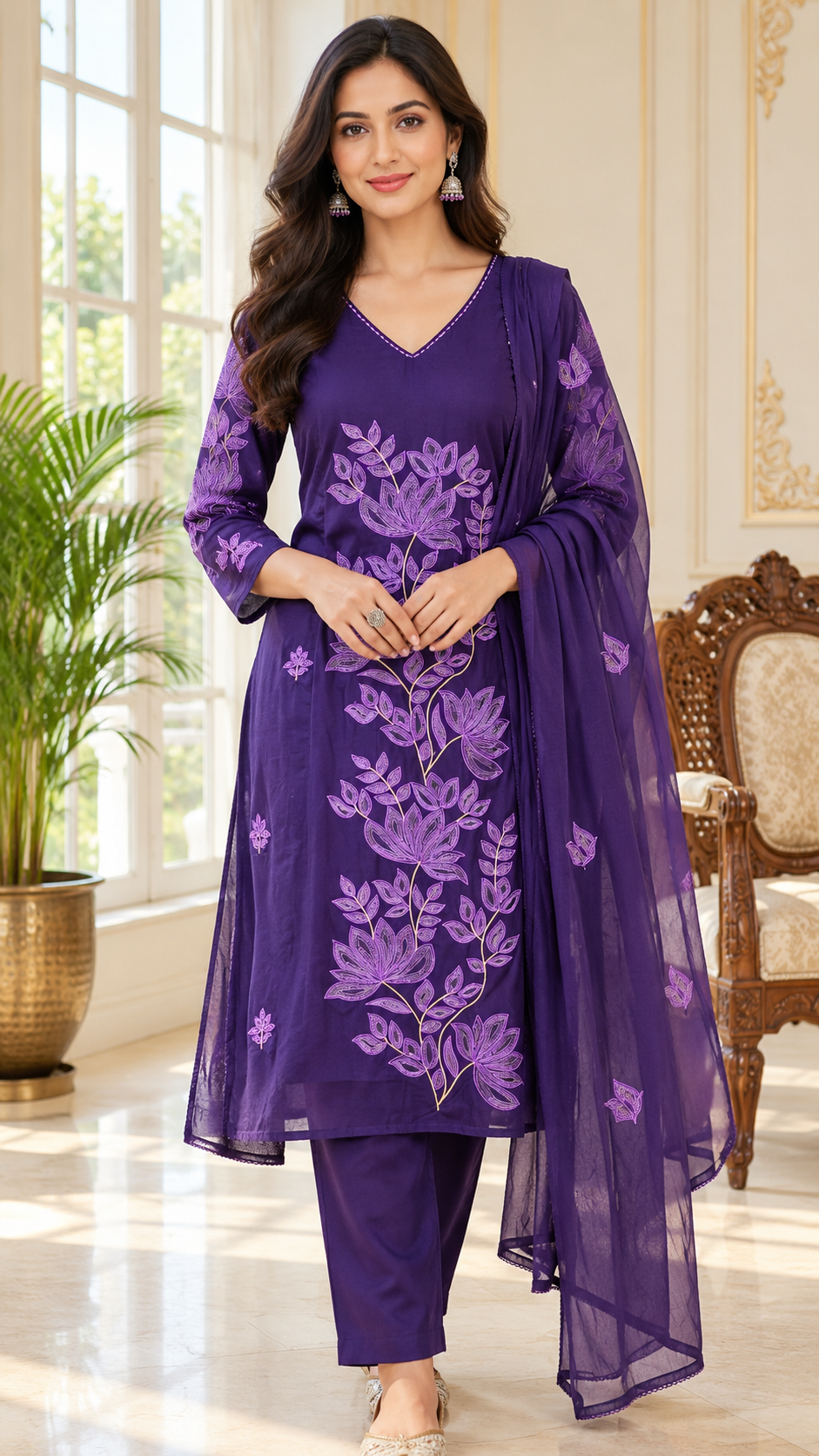 Women Purple Embroidered Cotton Kurta Pant Dupatta