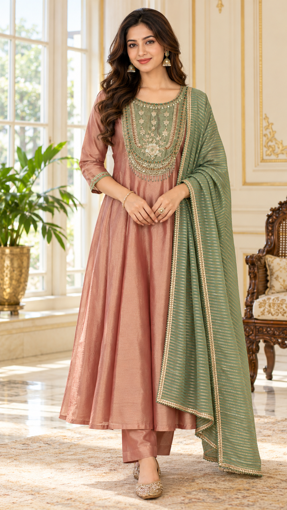 Women Dusty Rose Gold Embroidered Tissue Kurta Pant Dupatta