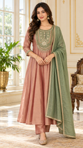 Women Dusty Rose Gold Embroidered Tissue Kurta Pant Dupatta