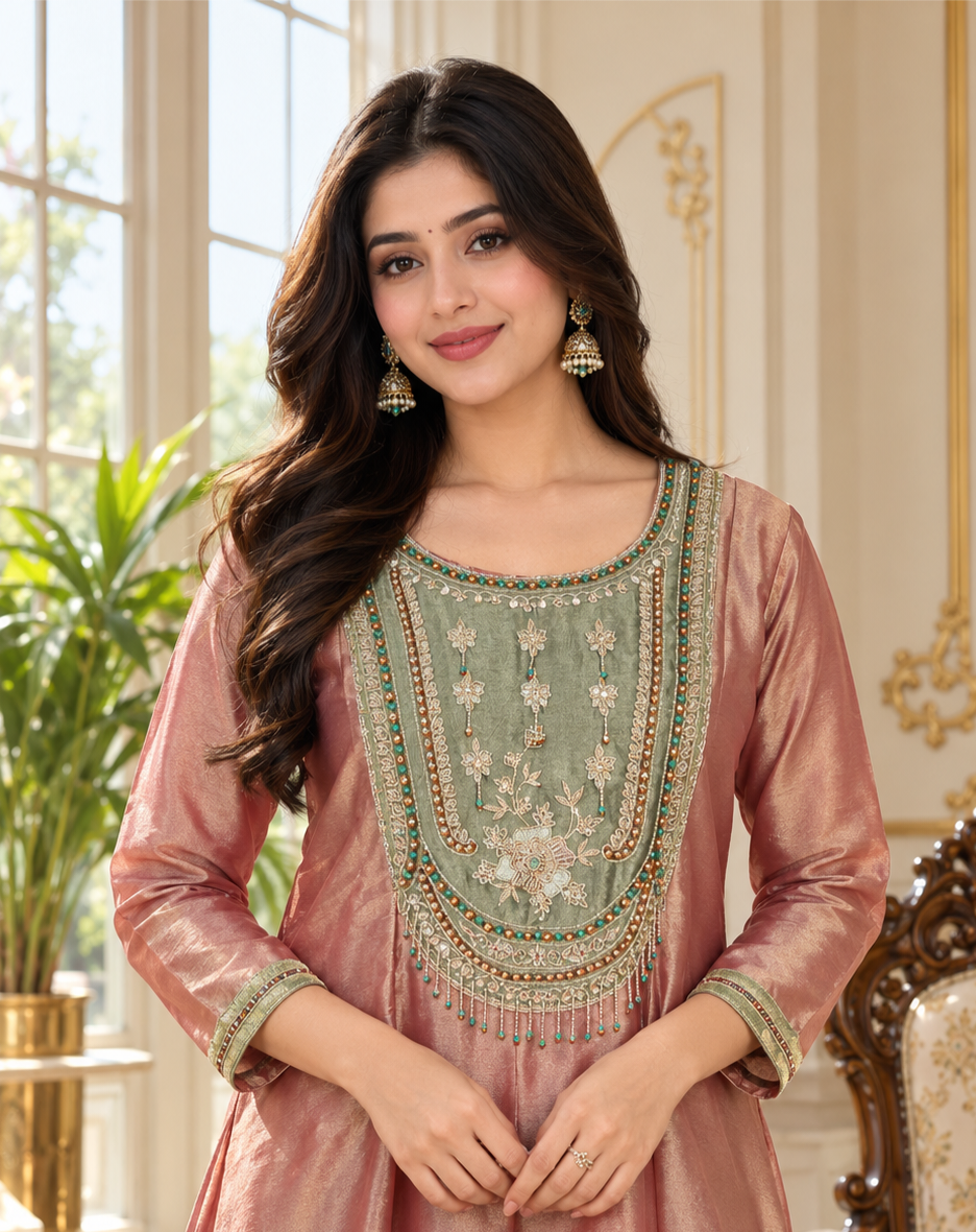 Women Dusty Rose Gold Embroidered Tissue Kurta Pant Dupatta