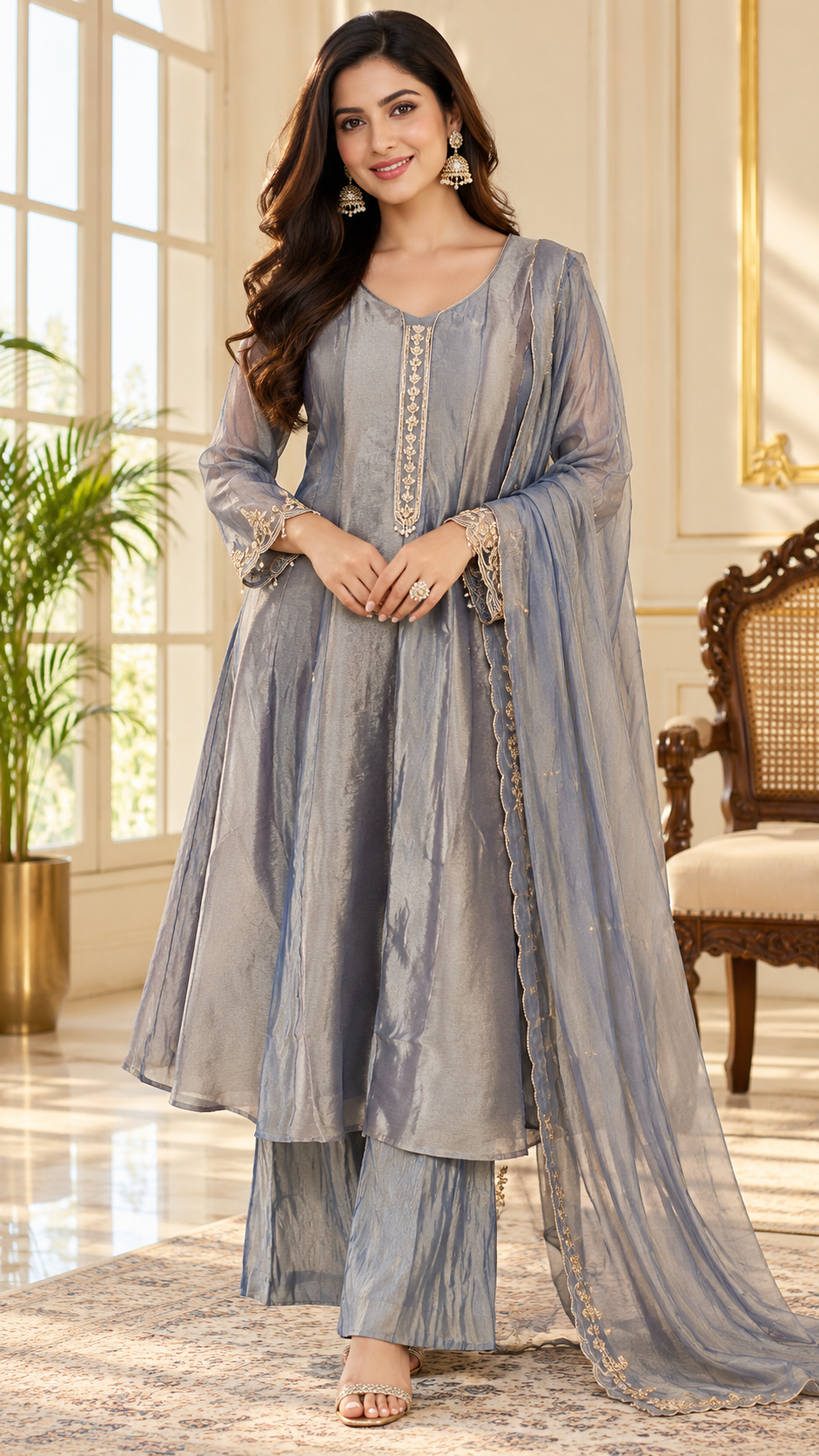 Women Grey Embroidered Tissue Kurta Pant Dupatta Set