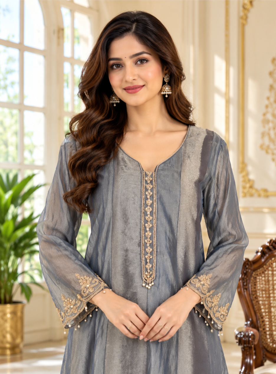 Women Grey Embroidered Tissue Kurta Pant Dupatta Set