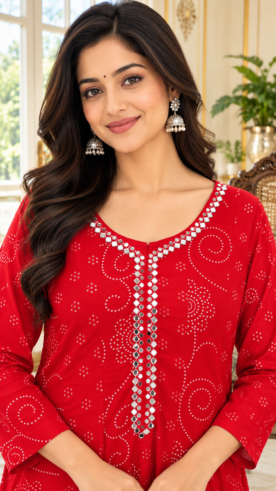 Women Red Embroidered Cotton Kurta Pant Dupatta