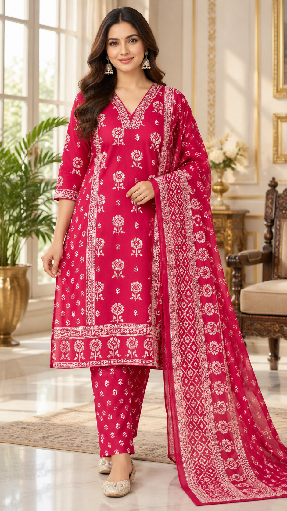Women Pink Printed Cotton Kurta Pant Dupatta