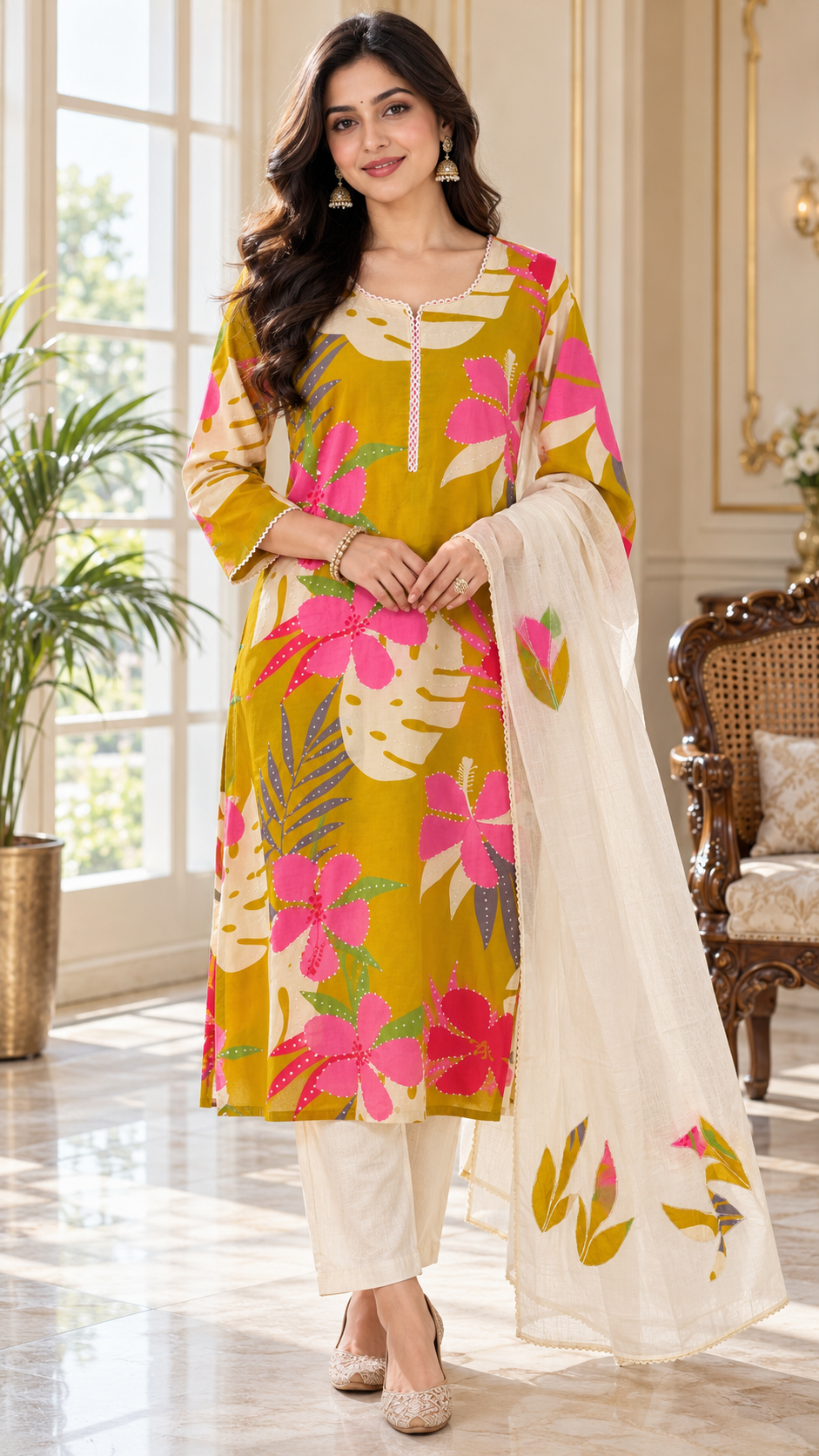 Women Yellow Embroidered Cotton Kurta Pant Dupatta