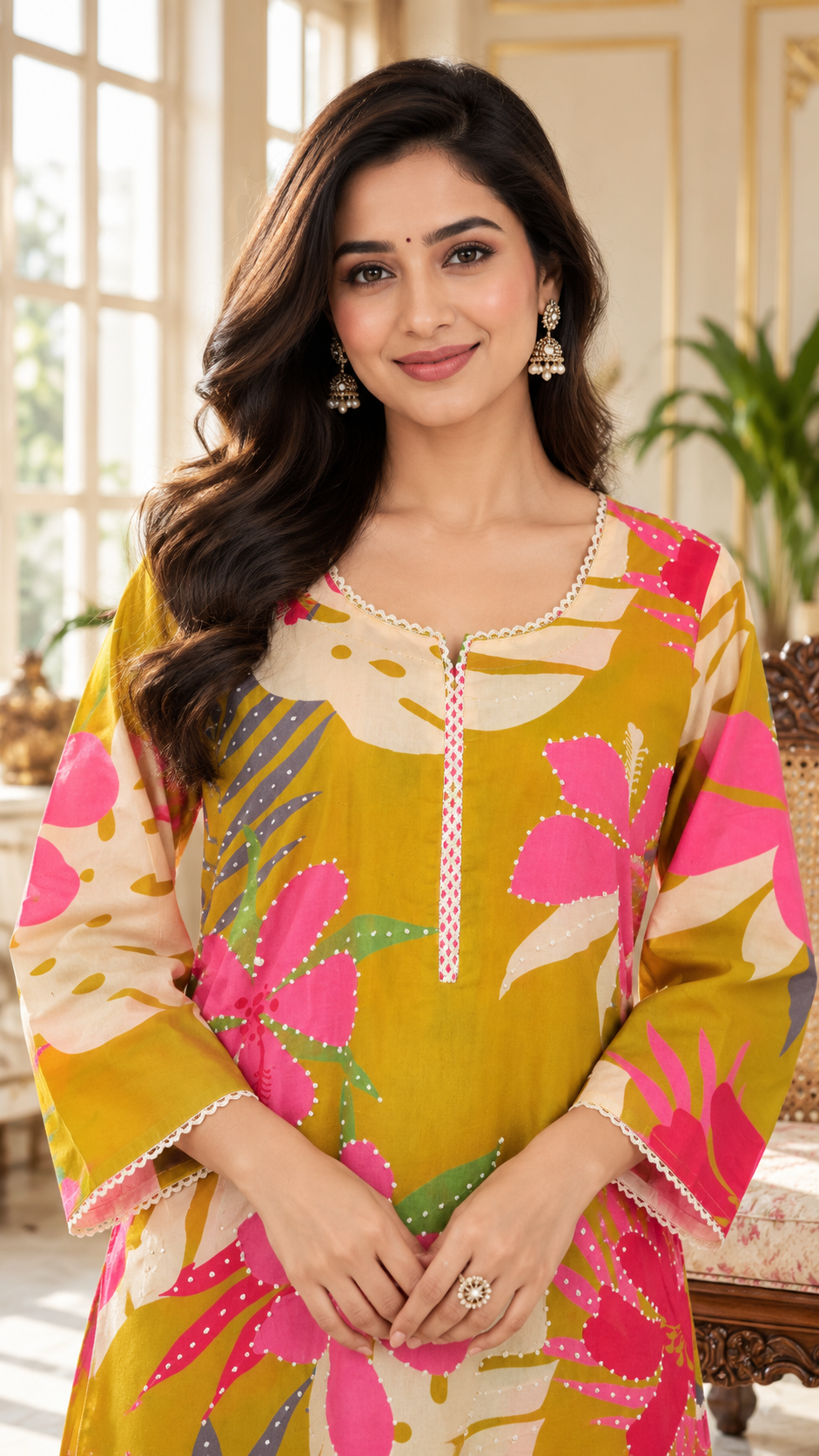Women Yellow Embroidered Cotton Kurta Pant Dupatta