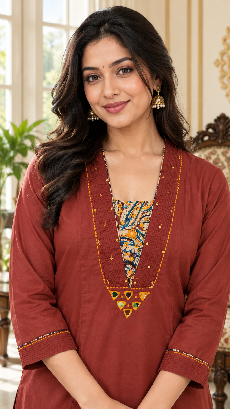 Women Brown Mirror Cotton Kurta Pant Dupatta