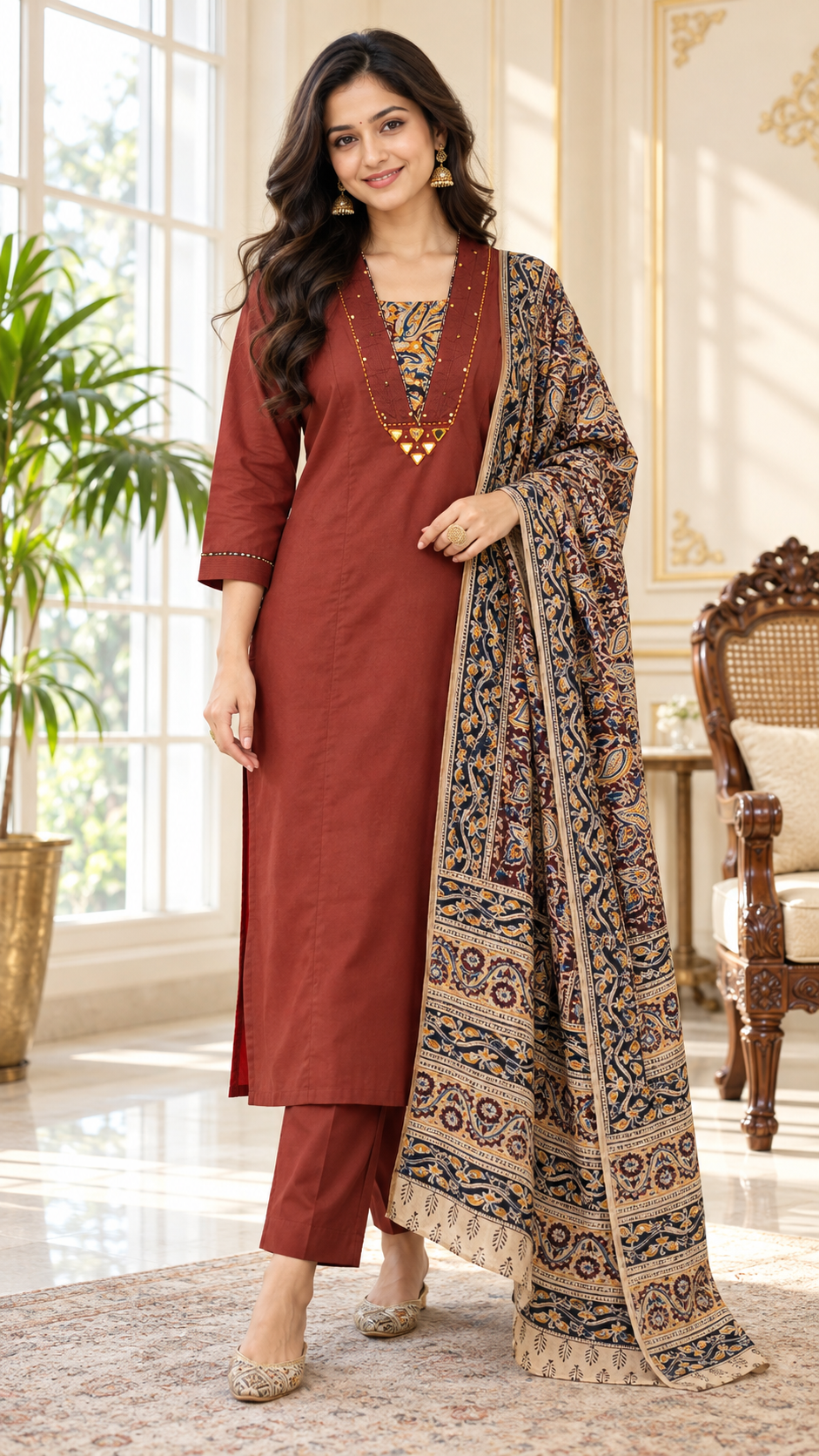 Women Brown Mirror Cotton Kurta Pant Dupatta