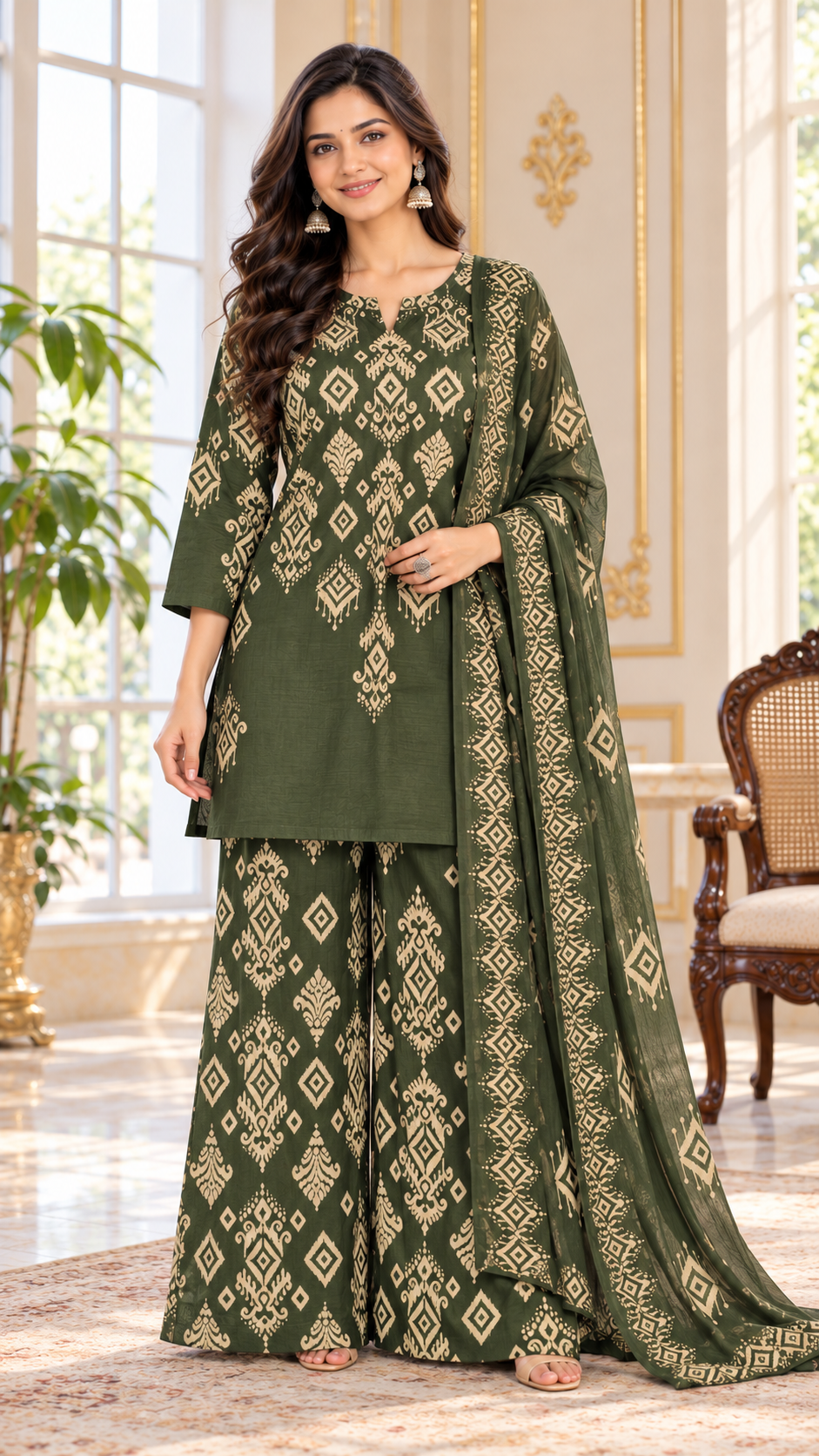 Women Mehandi Printed Cotton Kurta Pant Dupatta
