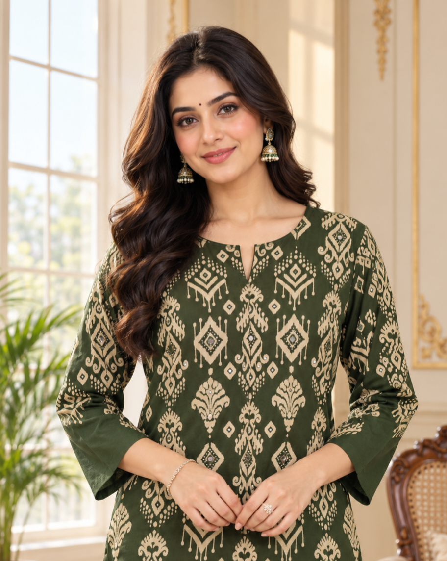 Women Mehandi Printed Cotton Kurta Pant Dupatta