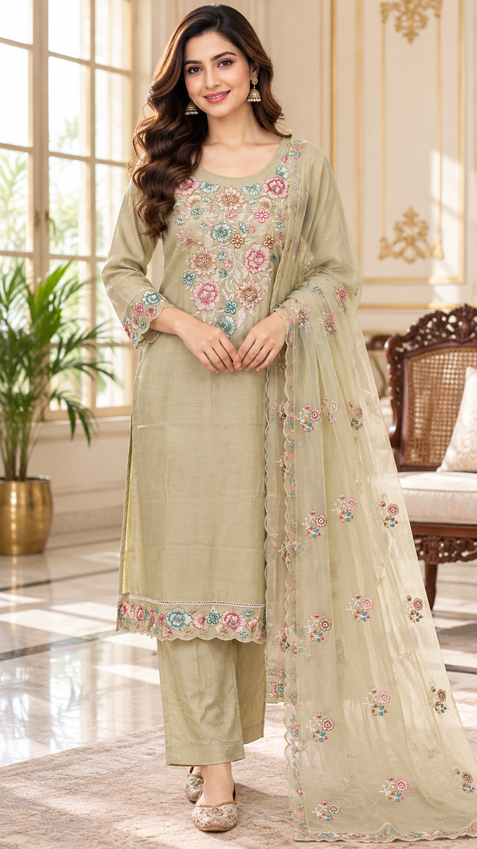 Women Beige Embroidered Cotton Kurta Pant Dupatta
