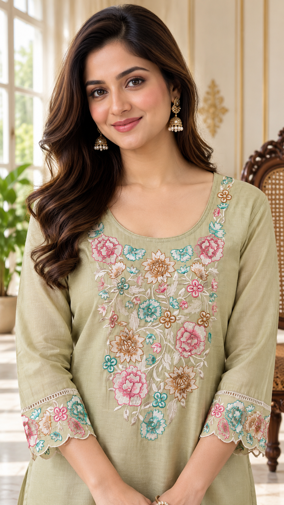 Women Beige Embroidered Cotton Kurta Pant Dupatta