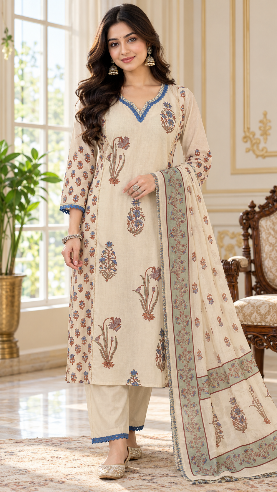 Women Beige Printed Cotton Kurta Pant Dupatta
