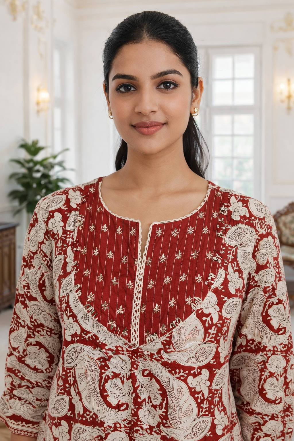 Women Rust Elegant Printed Cotton Kurta Pant Dupatta Set