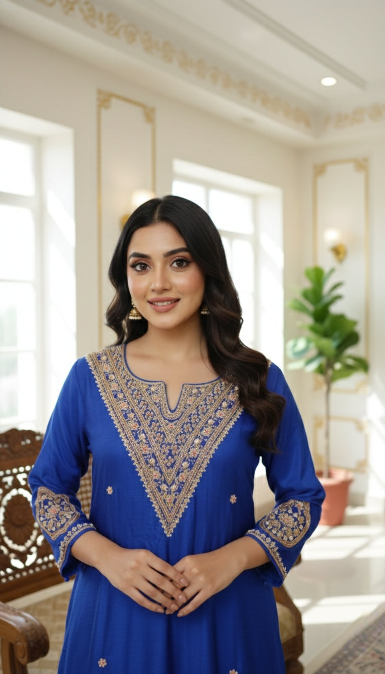 Women Blue Hand Embodiery Silk Fabric Kurta Pant Duppatta Set