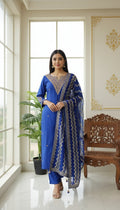 Women Blue Hand Embodiery Silk Fabric Kurta Pant Duppatta Set