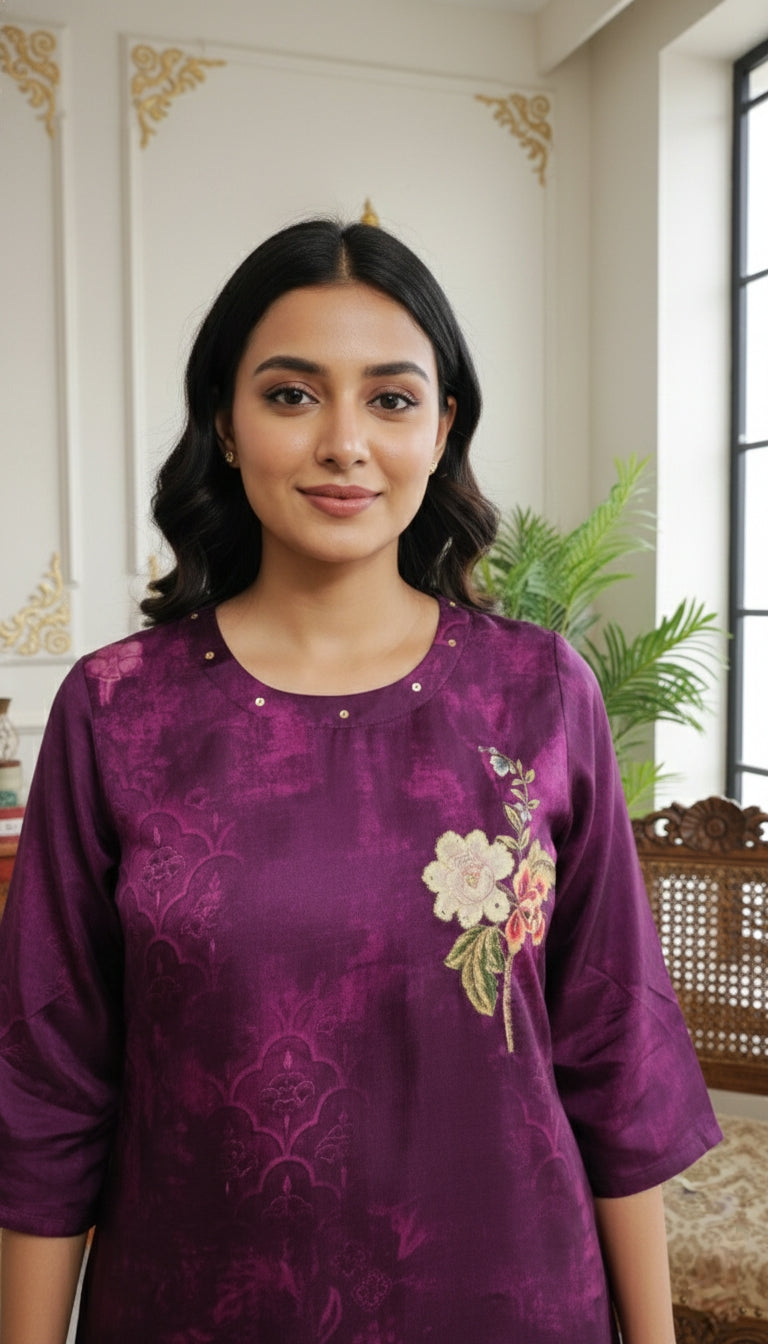 Women Purple Hand Printed Embodiery Muslin Silk Kurta Pant Duppatta Set