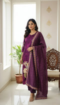 Women Purple Hand Printed Embodiery Muslin Silk Kurta Pant Duppatta Set