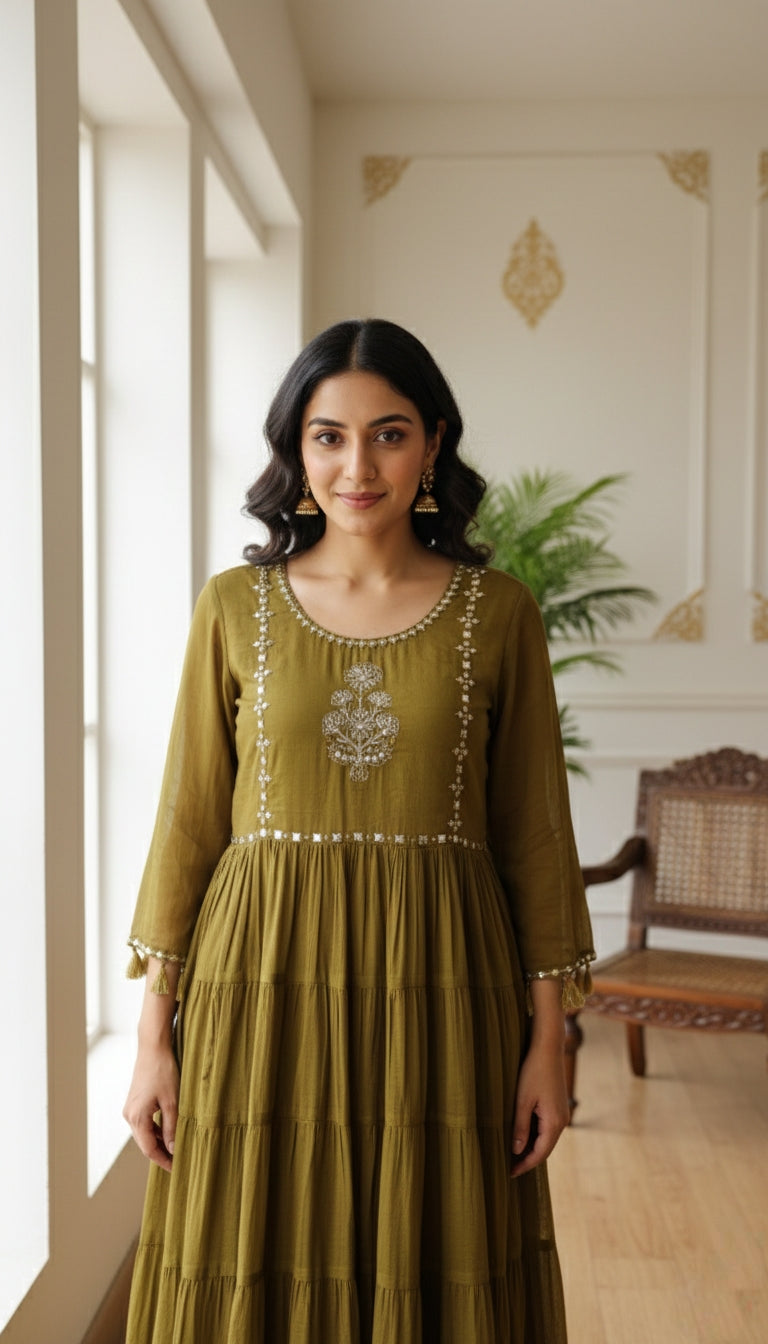 Women Mehandi Embodiered Mul Cotton Kurta Pant Dupatta Set