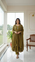 Women Mehandi Embodiered Mul Cotton Kurta Pant Dupatta Set