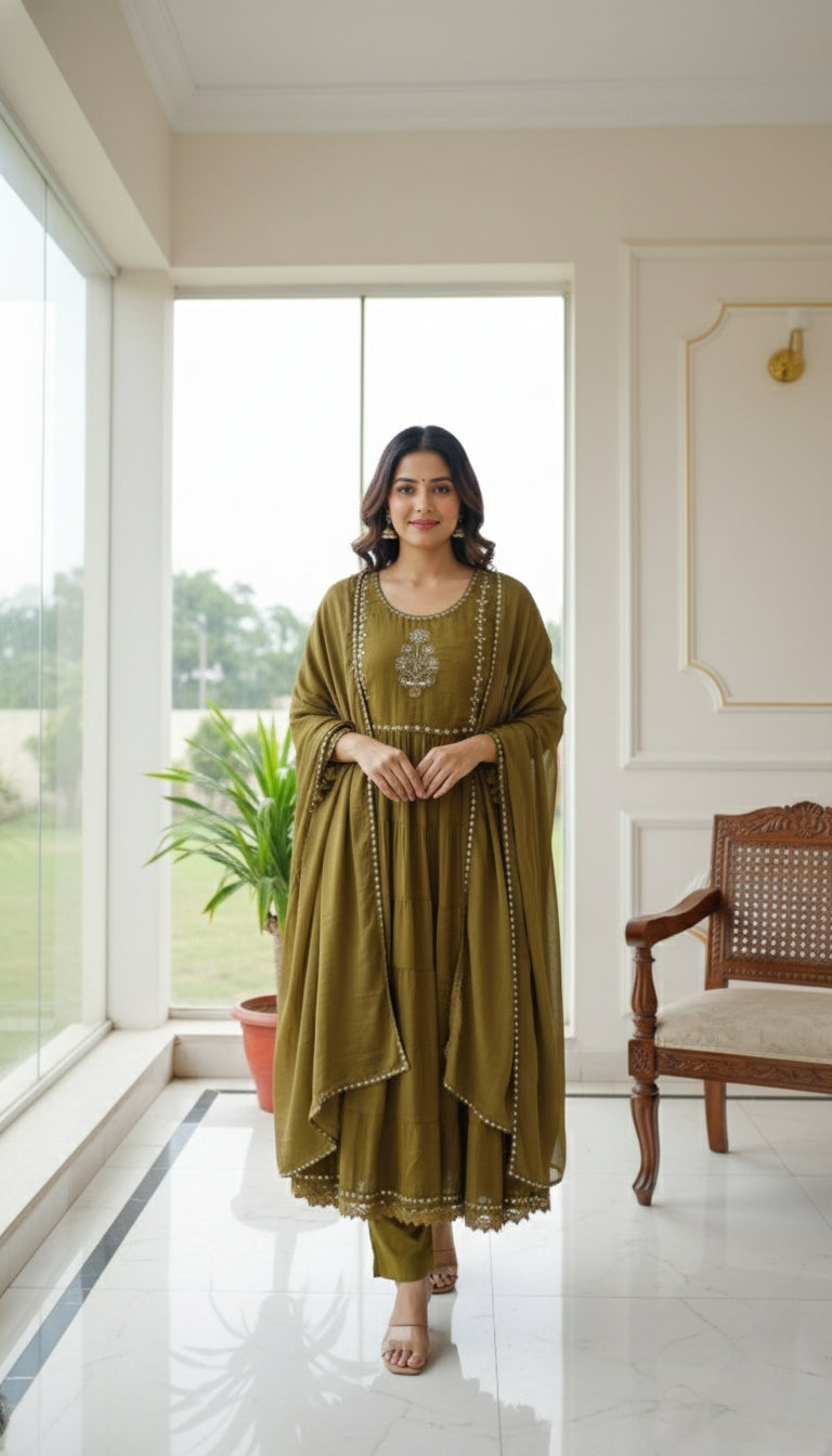 Women Mehandi Embodiered Mul Cotton Kurta Pant Dupatta Set