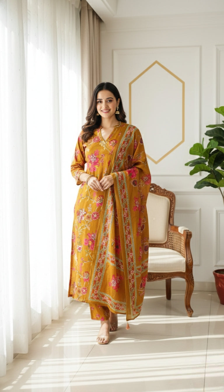 Women Mustard Yellow Print Embroidered Cotton Kurta Pant Dupatta Set