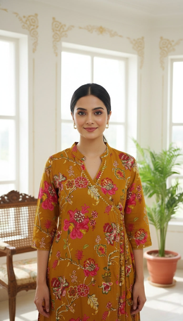 Women Mustard Yellow Print Embroidered Cotton Kurta Pant Dupatta Set