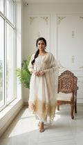 Women Beige Embroidered Mul Chanderi Kurta Pant Dupatta Set