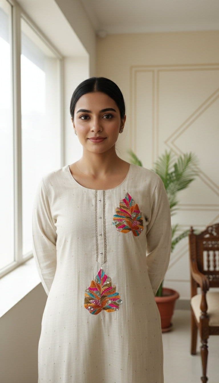 Women Beige Embroidered Mul Chanderi Kurta Pant Dupatta Set