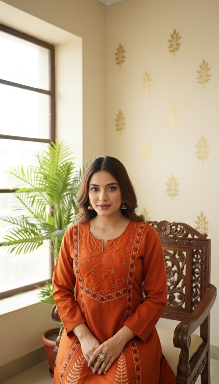 Women Rust Embroidered Cotton Kurta Pant Dupatta Set