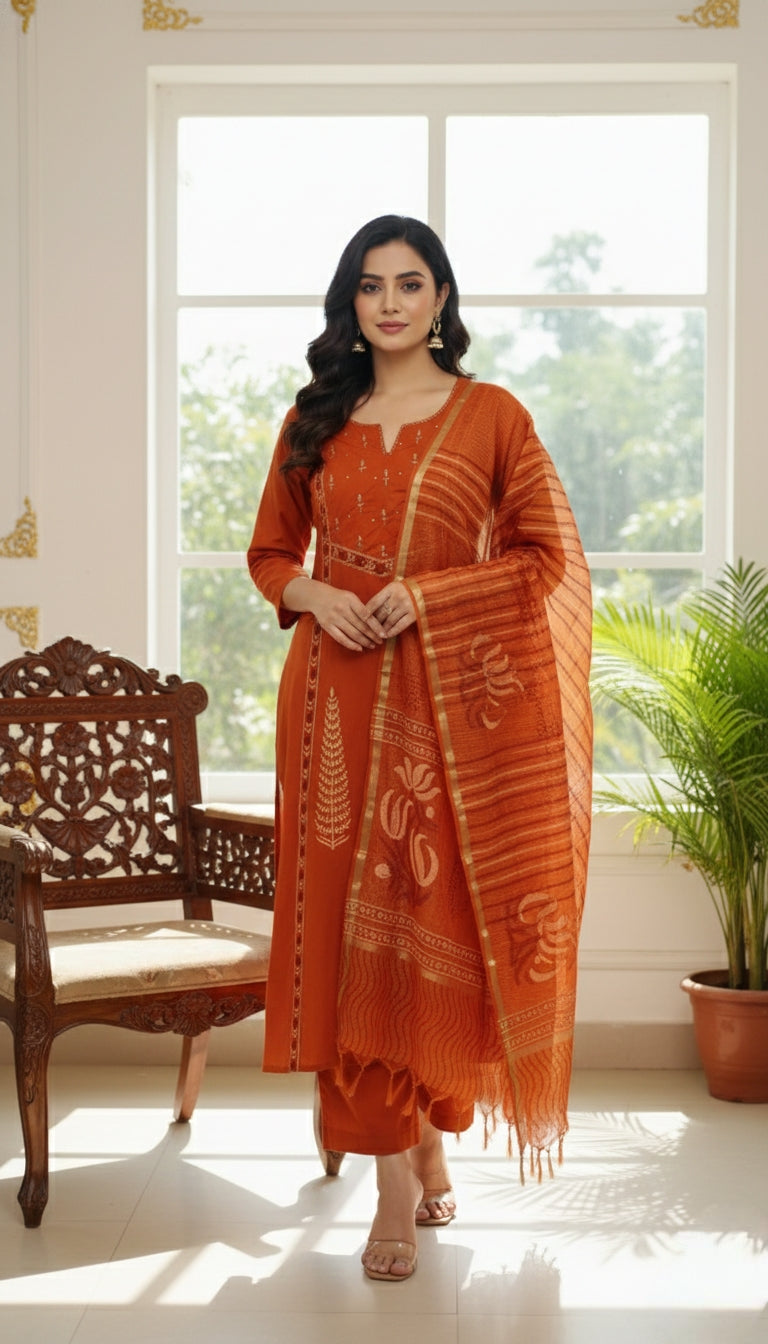 Women Rust Embroidered Cotton Kurta Pant Dupatta Set