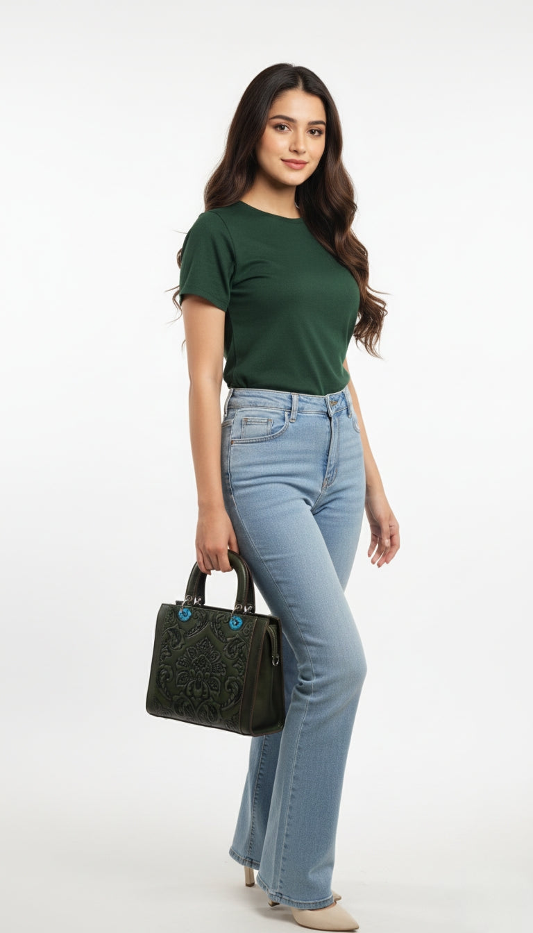 Premium PU Leather Dark Green Floral Embroidery Handbags