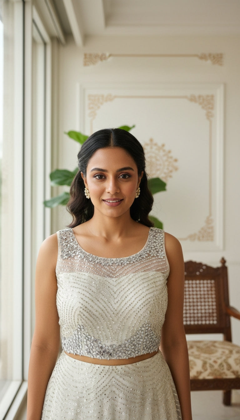 Women Off White Mirror Work Net Lehenga Choli And Dupatta Set