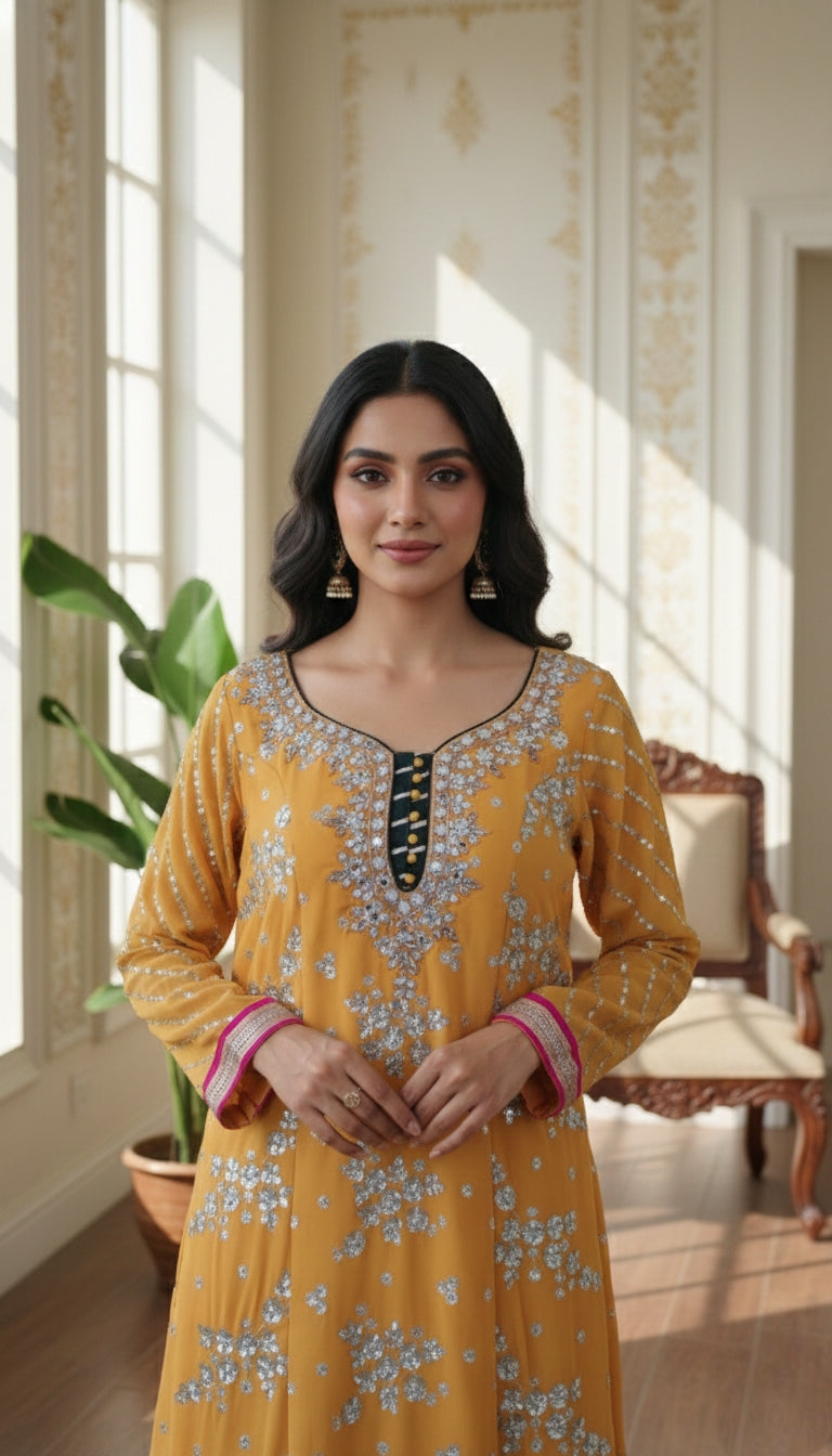 Women Multicolour Zari Embroidery Georgette Sharara Set