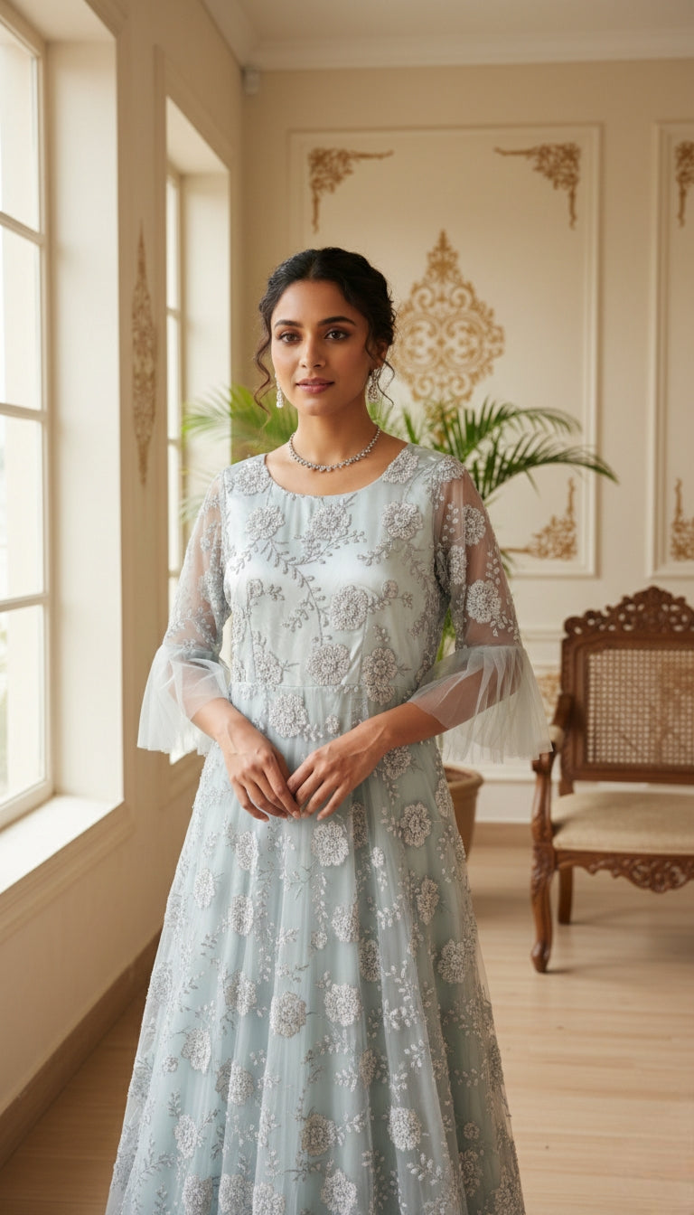 Women Pista Green Beads Work Gown