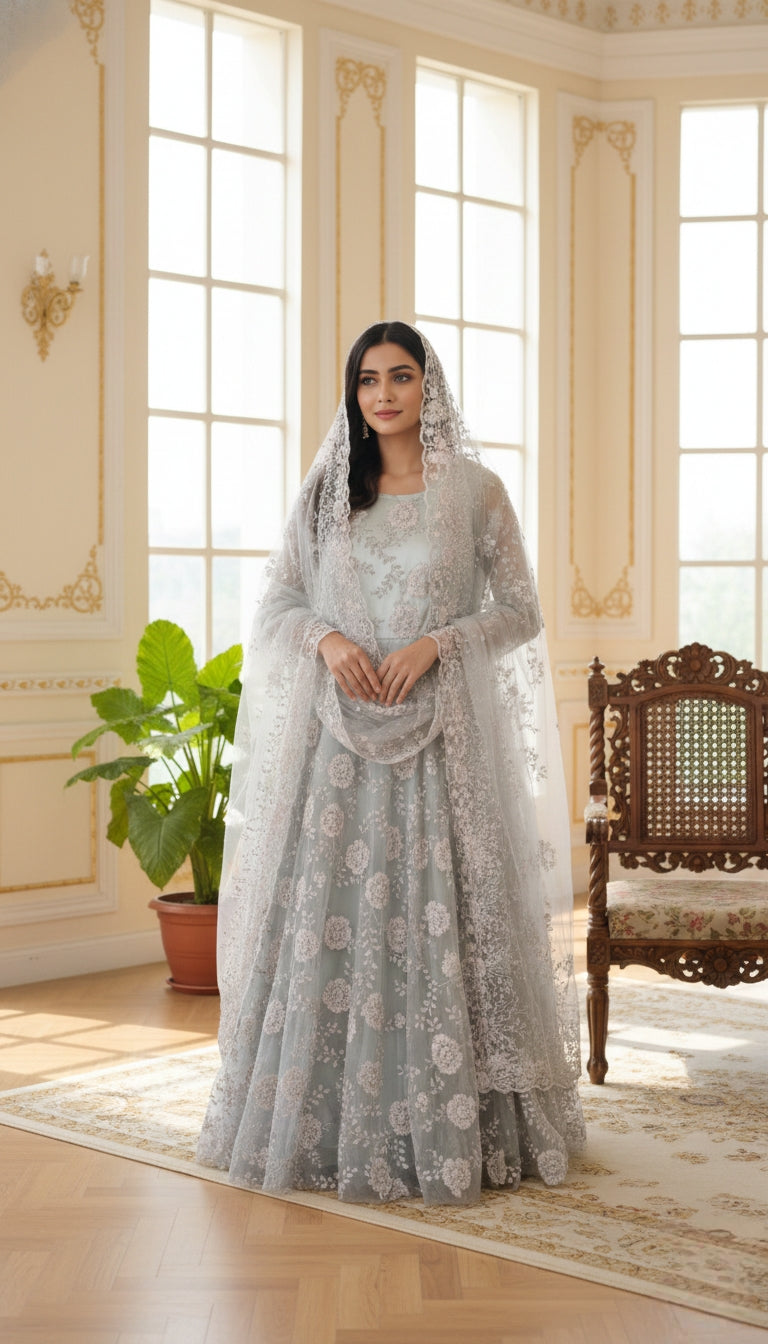 Women Pista Green Beads Work Gown